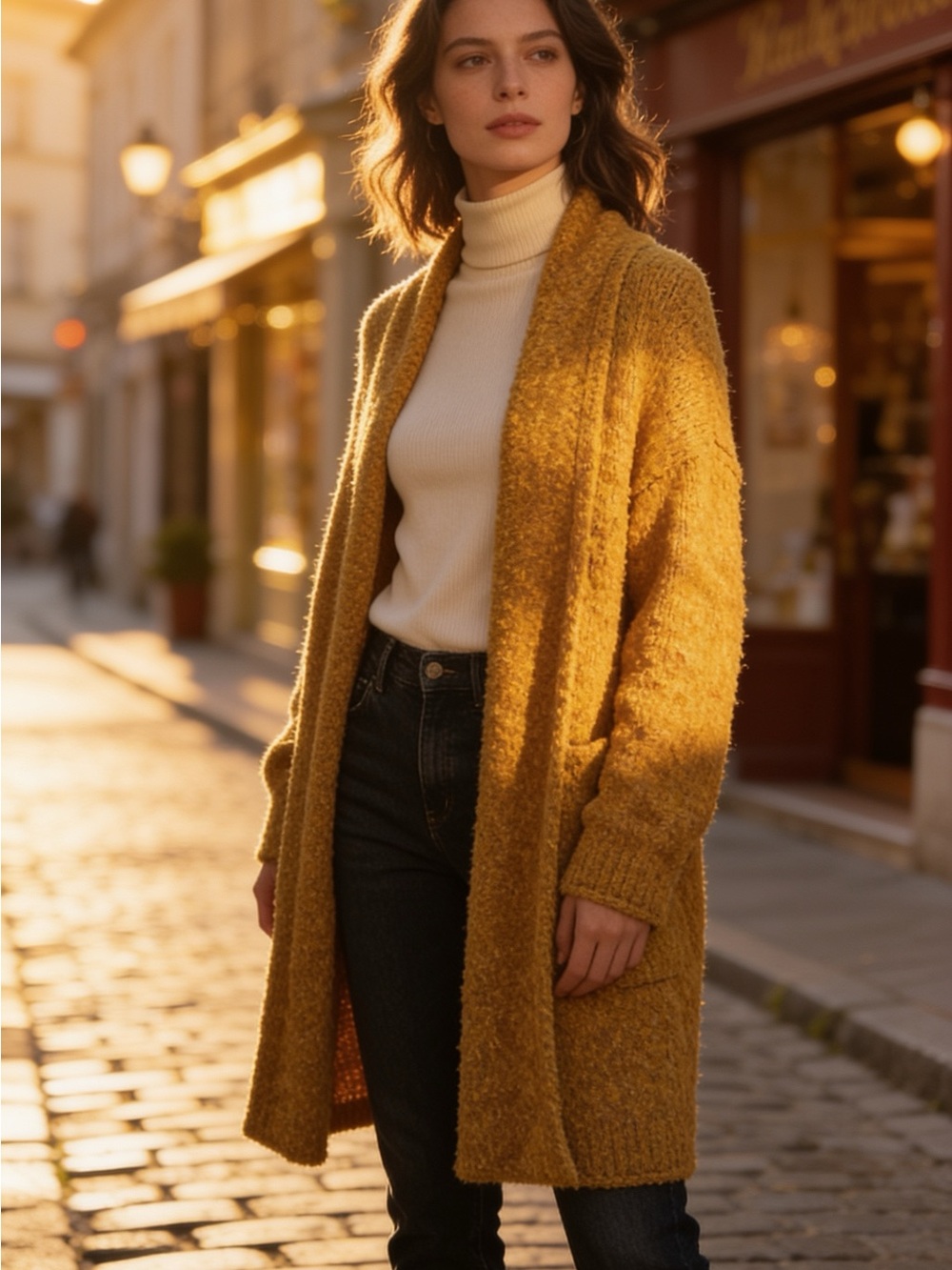 a new day Mustard Open-Front Women's Cardigan with Pockets